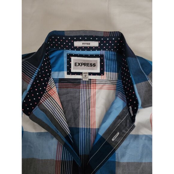 EXPRESS Men's Blue/Multicolor Fitted Plaid Long Sleeve Shirt Size Medium - Picture 6 of 12